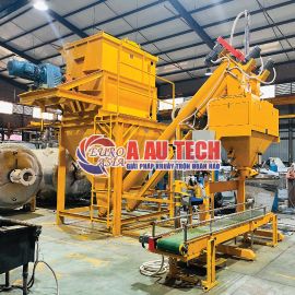 Hệ thống máy trộn bột trét 2 tầng tích hợp cân định lượng và may bao tự động